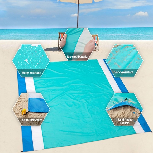 NIB - Sandproof 79” X 82” Oversized Beach Blanket in Color: Lake Blue - Picture 4 of 13